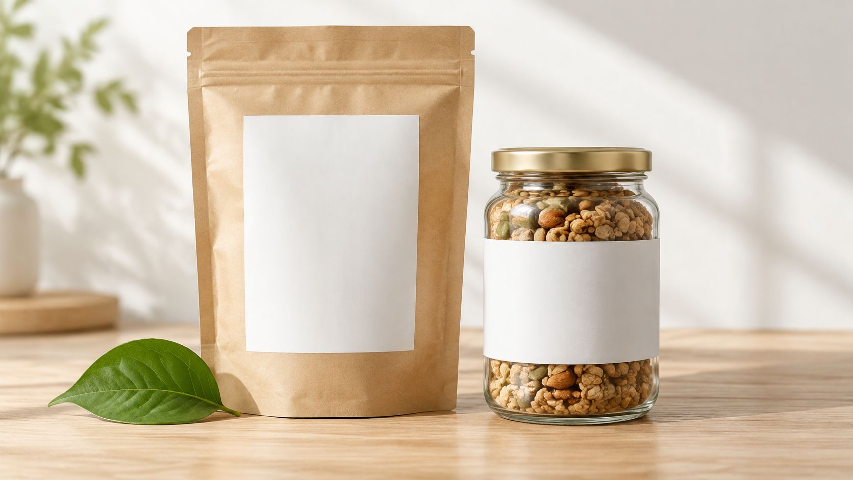 Braune Papierverpackung und ein Glasgefäß mit Müsli auf einem Holztisch neben einem grünen Blatt.