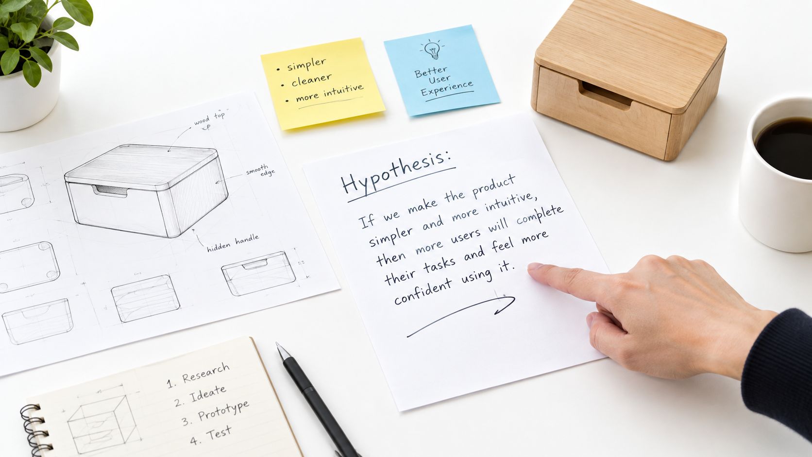 Eine Hand deutet auf eine geschriebene Hypothese auf einem Schreibtisch mit Skizzen, Haftnotizen und Arbeitsmaterialien.
