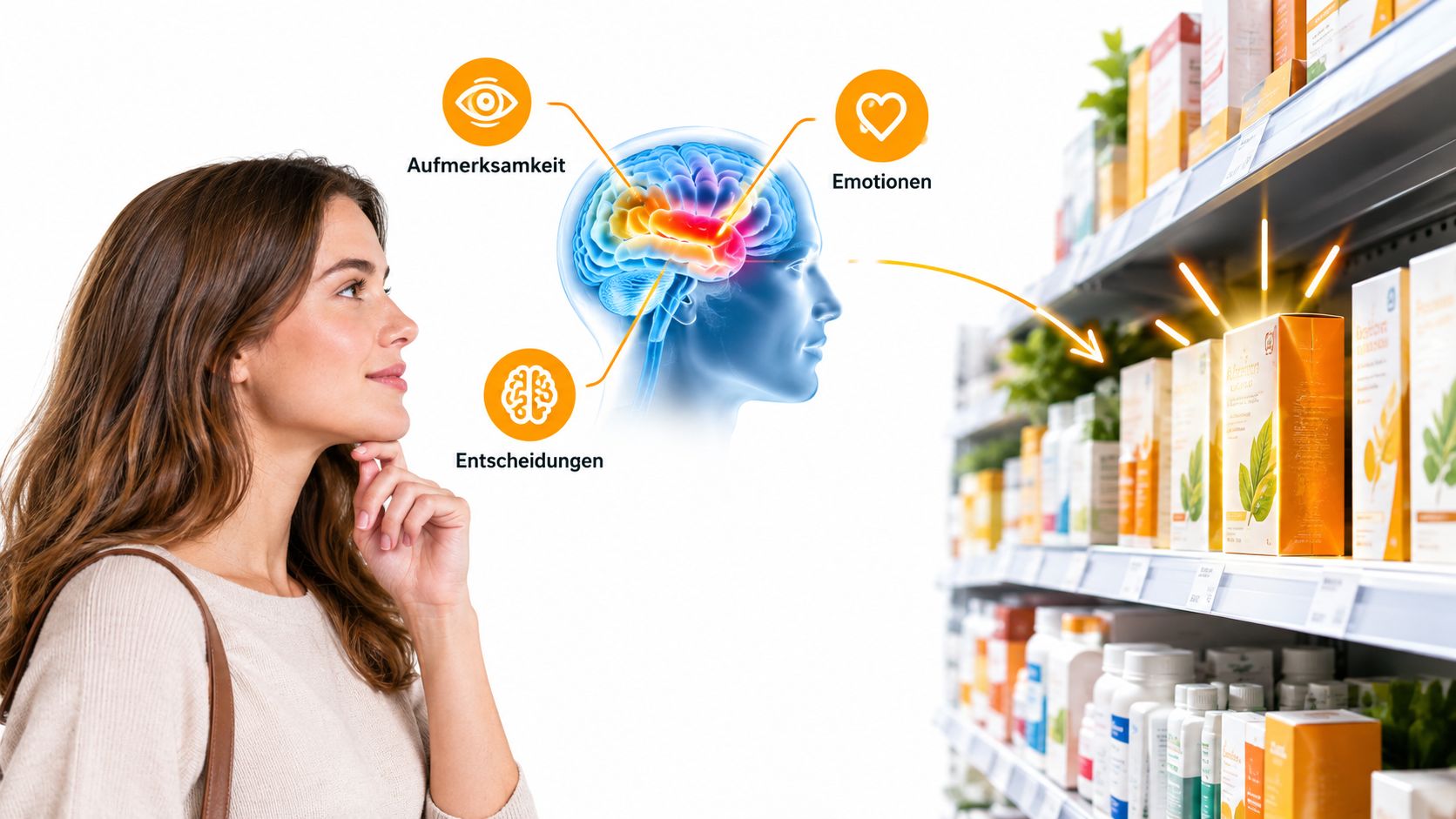 Eine Frau betrachtet im Supermarkt ein Produkt, während eine Grafik Gehirnprozesse wie Aufmerksamkeit, Emotionen und Entscheidungsfindung visualisiert.