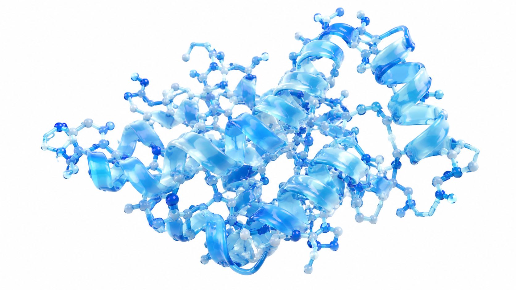 Eine dreidimensionale Darstellung einer komplexen Proteinstruktur in leuchtendem Blau vor einem hellen, sauberen Hintergrund.