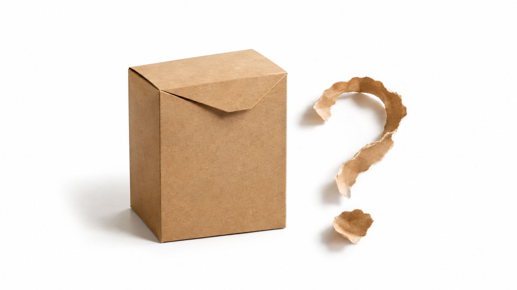 Eine braune Faltschachtel aus Karton steht neben einem Fragezeichen, das aus zerrissenem braunem Papier geformt wurde.
