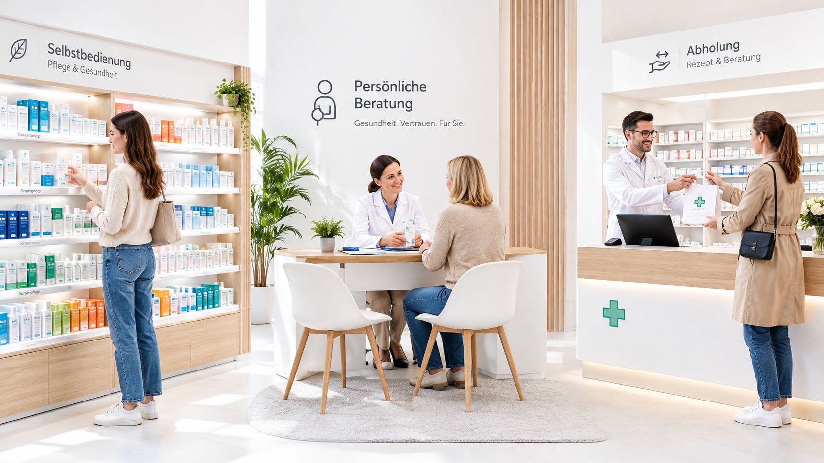 Eine helle, moderne Apotheke mit Kundenberatung, Selbstbedienungsregalen und einem Apotheker, der Medikamente an eine Kundin übergibt.
