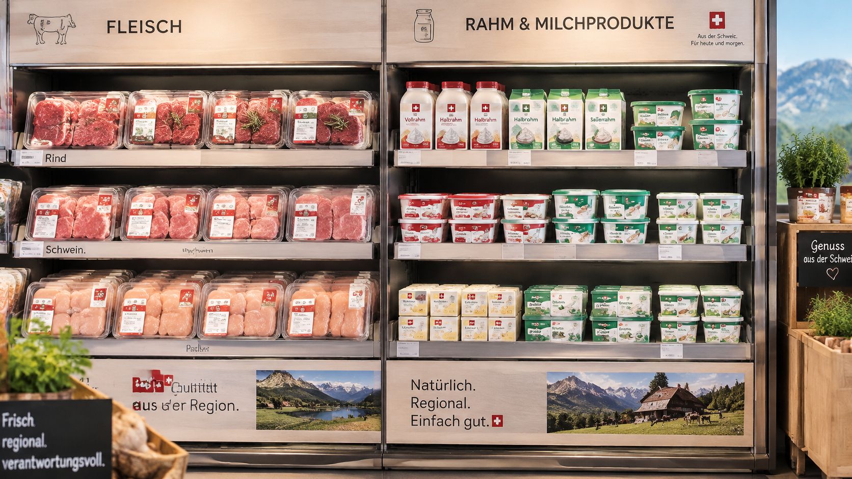 Ein gut sortiertes Kühlregal in einem Schweizer Supermarkt mit frischem Fleisch, Milchprodukten und regionalen Produkten aus der Schweiz.