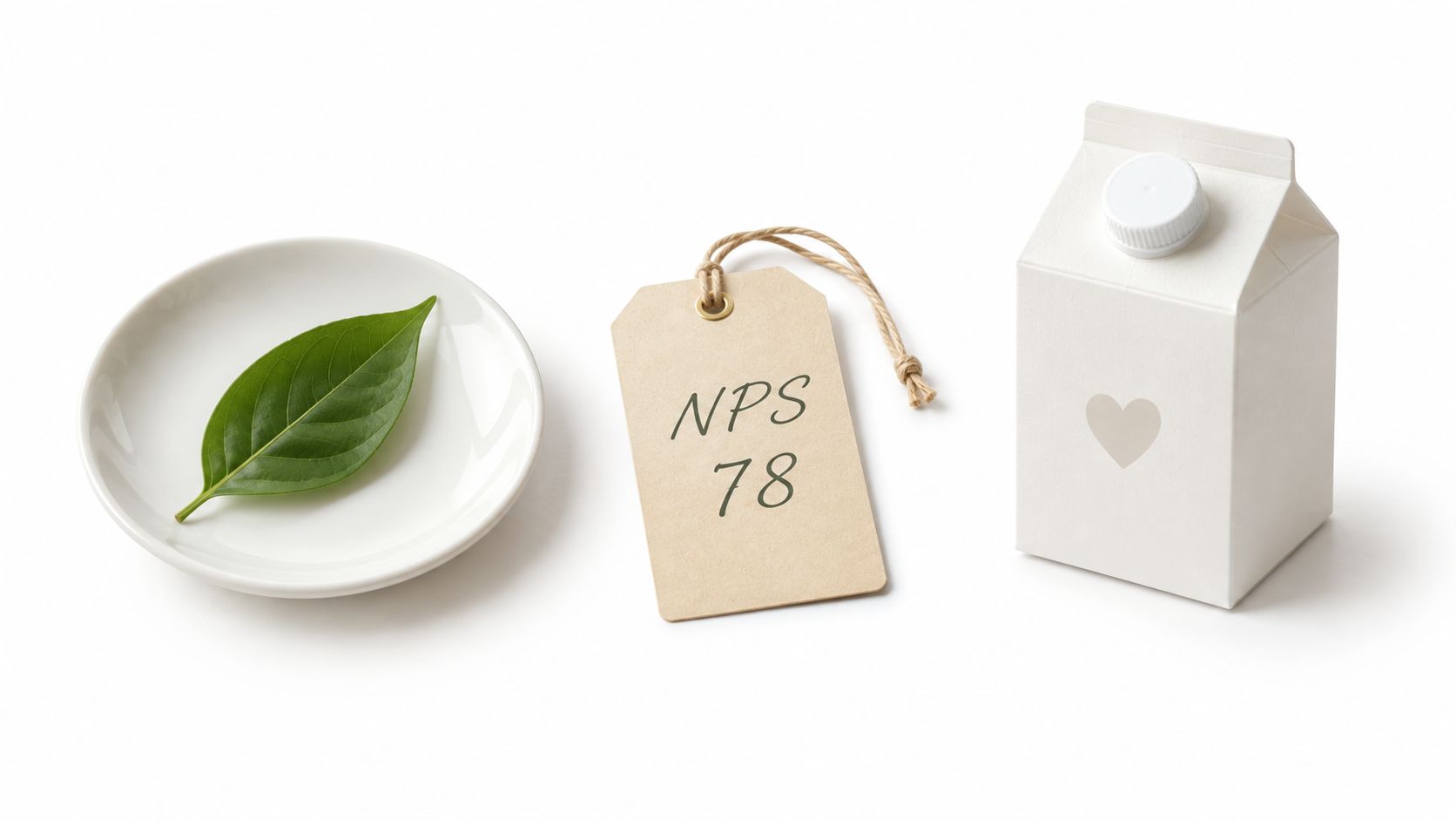 Ein grünes Blatt auf einem Teller neben einem Etikett mit NPS 78 und einer weißen Milchpackung.