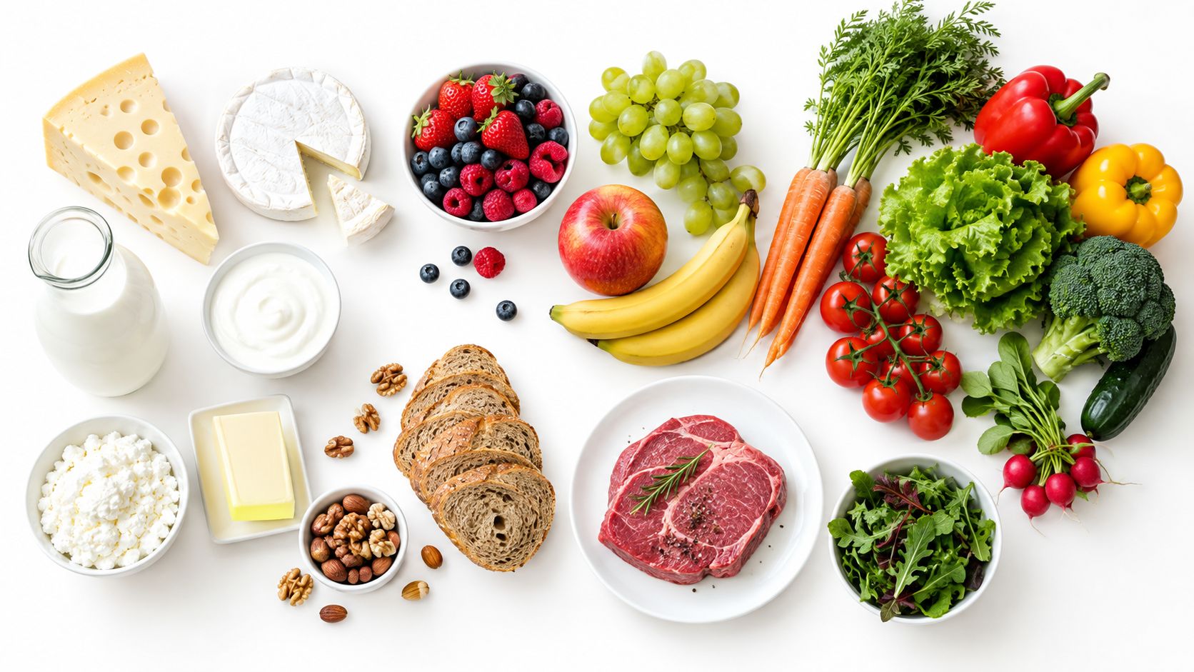 Eine flache Ansicht verschiedener frischer Lebensmittel, darunter Obst, Gemüse, Fleisch, Milchprodukte und Brot auf weißem Hintergrund.
