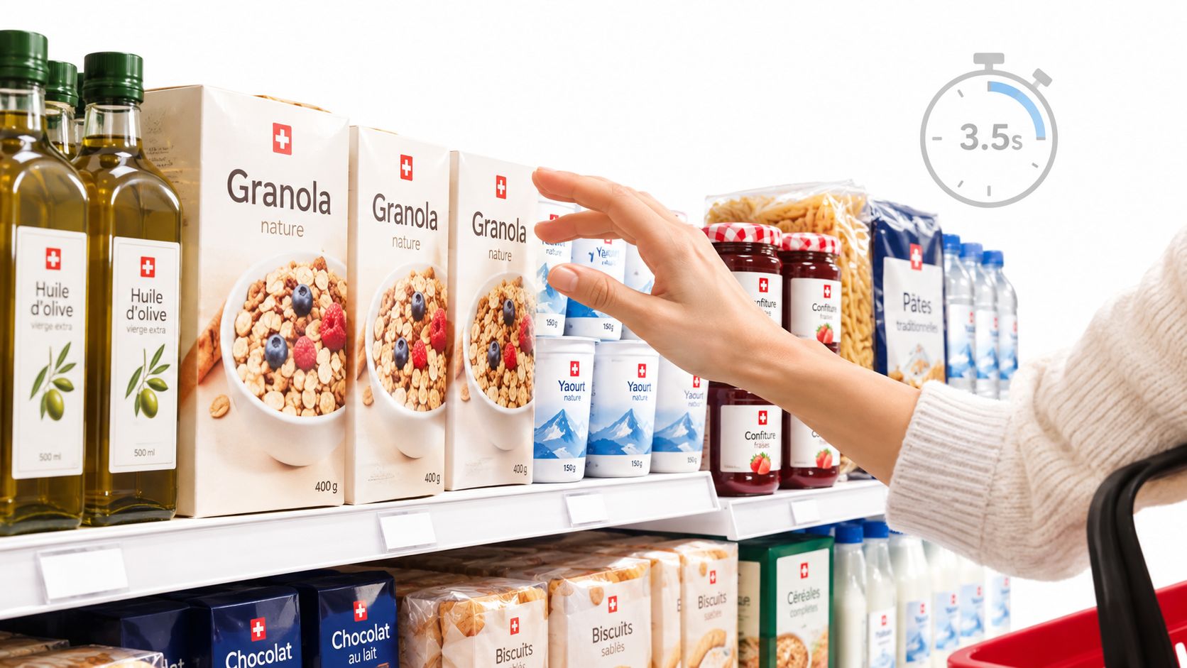 Eine Hand greift nach einer Packung Granola-Müsli in einem gut sortierten Supermarktregal mit verschiedenen Lebensmitteln.