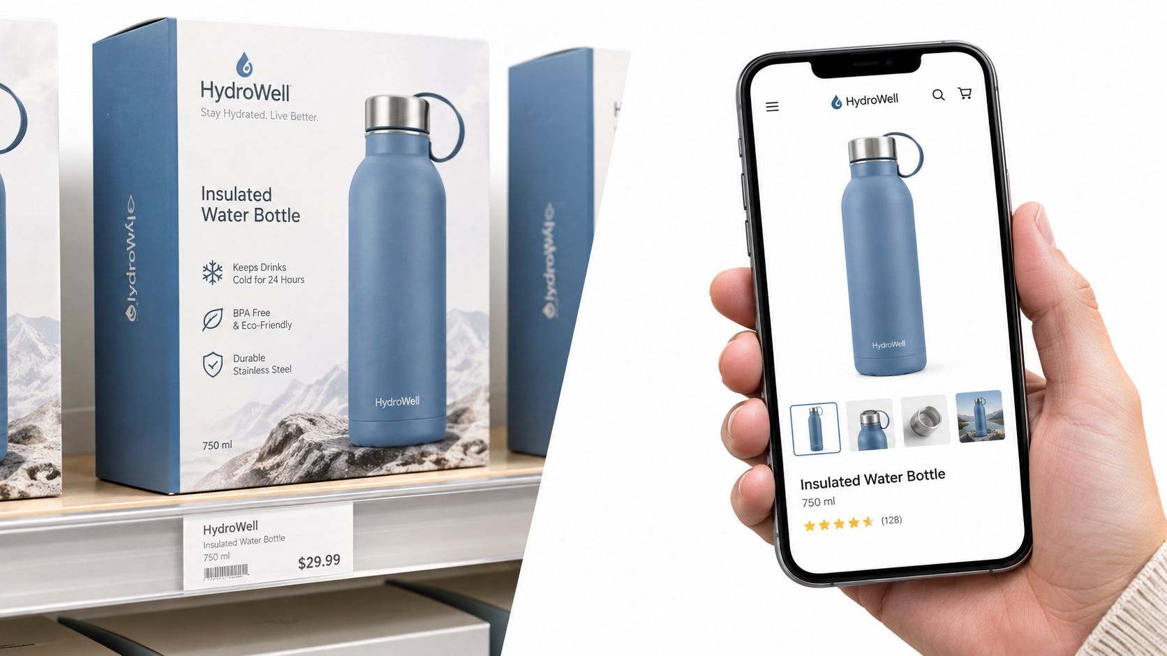 Eine HydroWell Isolierflasche im Karton im Regal neben einem Smartphone, das das Produkt im Online-Shop zeigt.