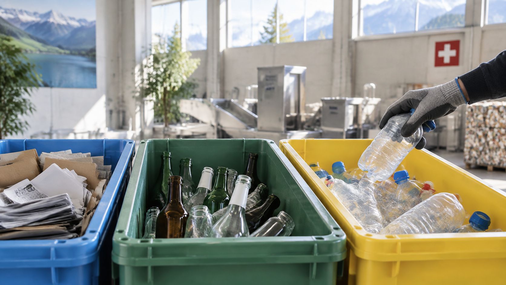 Ein Mitarbeiter sortiert Kunststoffflaschen in einen gelben Recycling-Container in einem modernen Entsorgungsbetrieb.