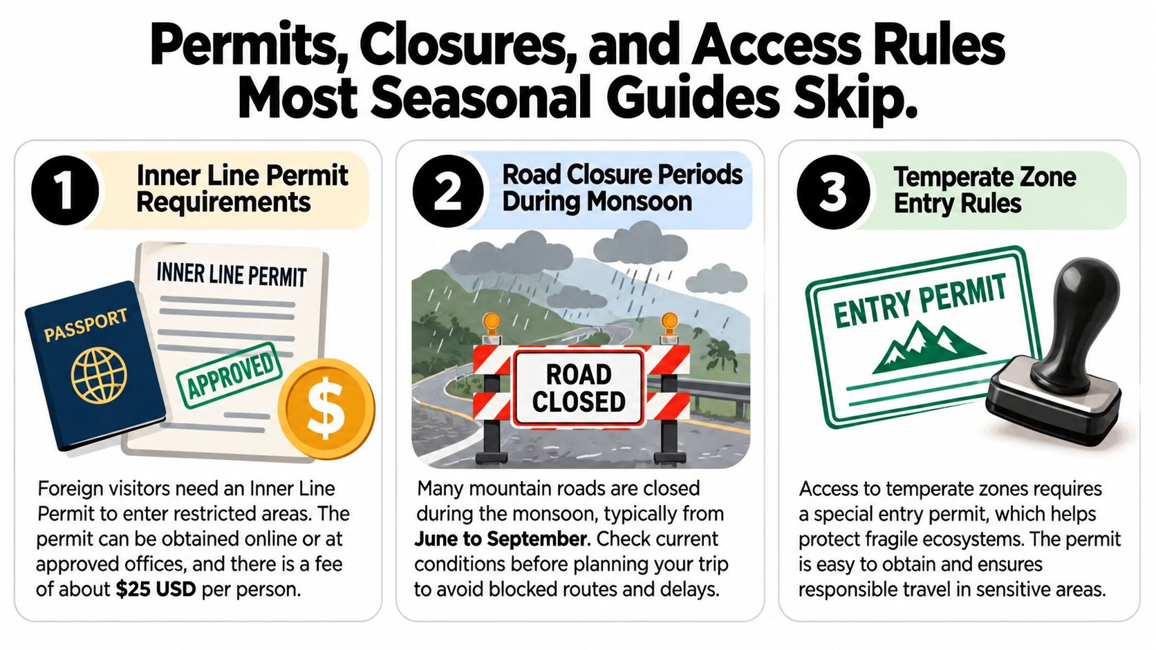A travel infographic detailing essential permits, road closures during monsoon, and temperate zone entry rules for visitors.