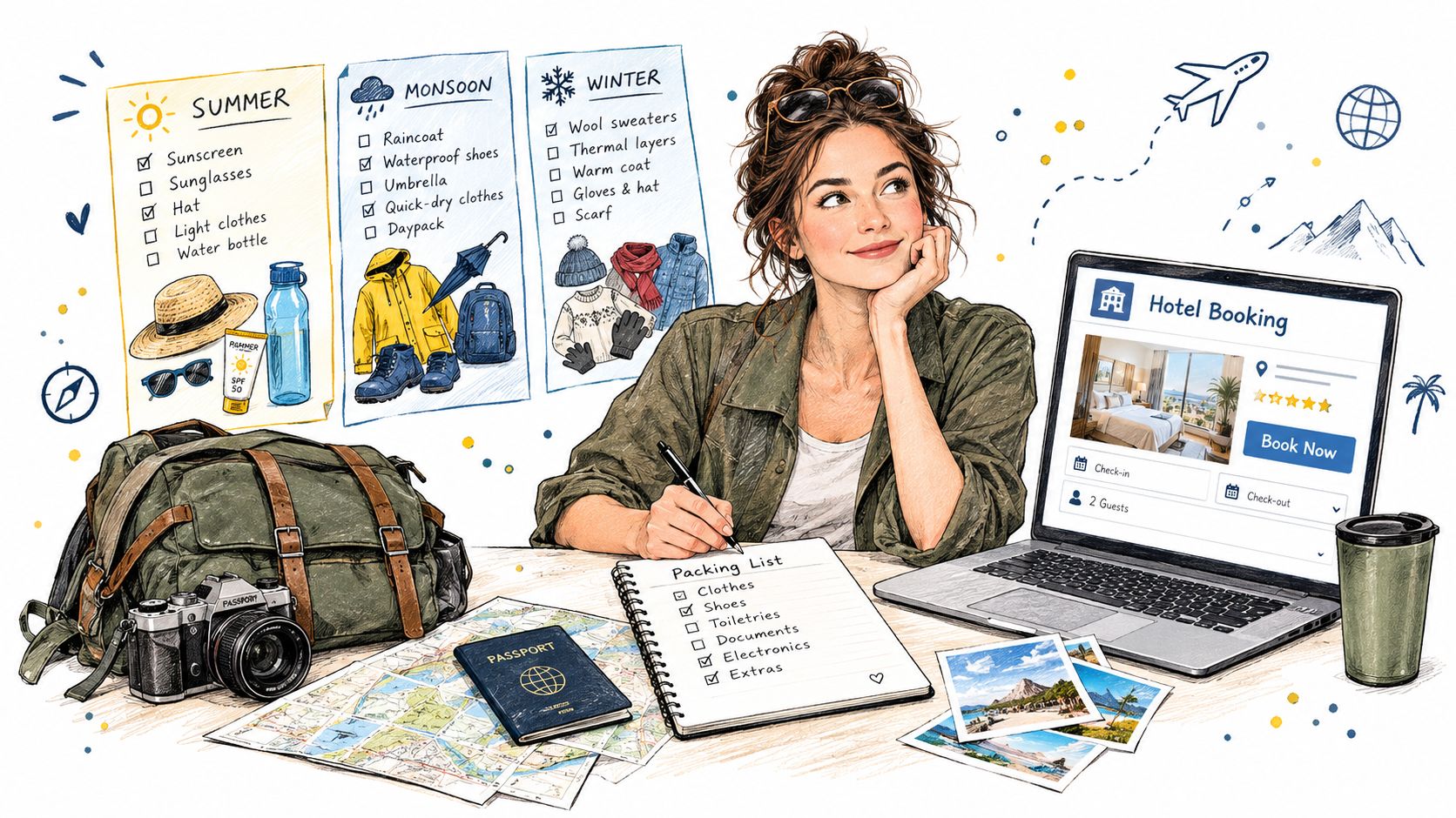 A woman planning her trip to Gangtok while reviewing seasonal packing lists and booking a hotel online.
