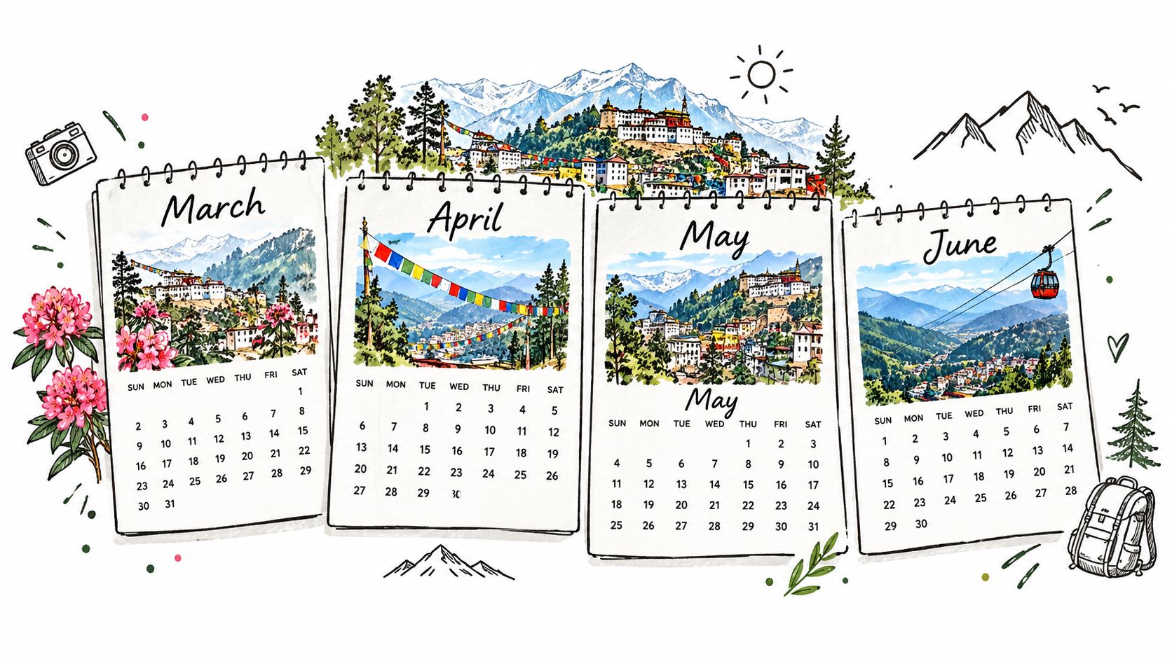 A hand-drawn calendar featuring illustrations of scenic mountain landscapes and Himalayan towns from March to June.