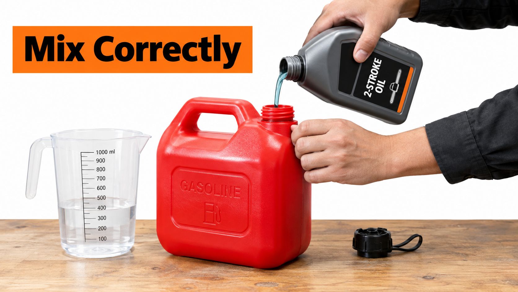 A person pouring 2-stroke oil into a red gasoline canister for preparing a fuel mixture.