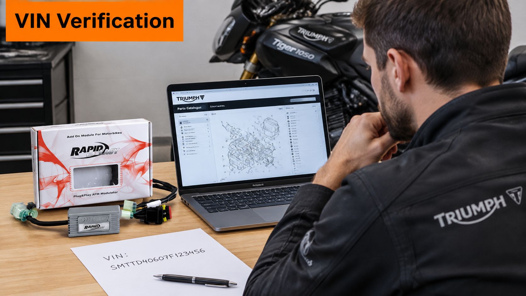 Un tecnico verifica il numero di telaio (VIN) di una motocicletta Triumph utilizzando un computer portatile per consultare gli schemi dei componenti.