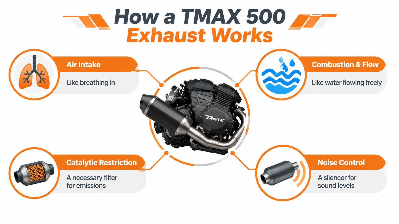 An infographic showing the four stages of how a Yamaha TMAX 500 exhaust system functions.