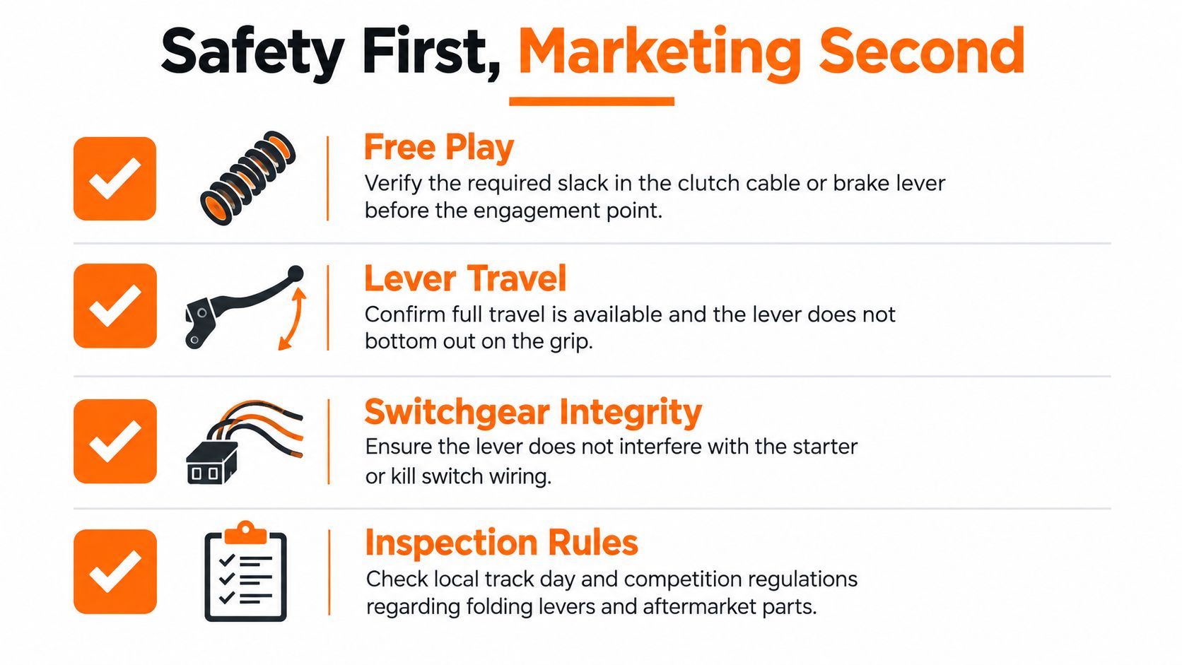 A safety checklist infographic for motorcycle brake and clutch levers with four maintenance inspection points.