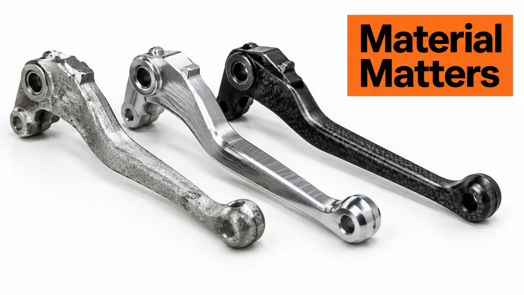 Three motorcycle brake and clutch levers made from different manufacturing processes displayed on a white background.