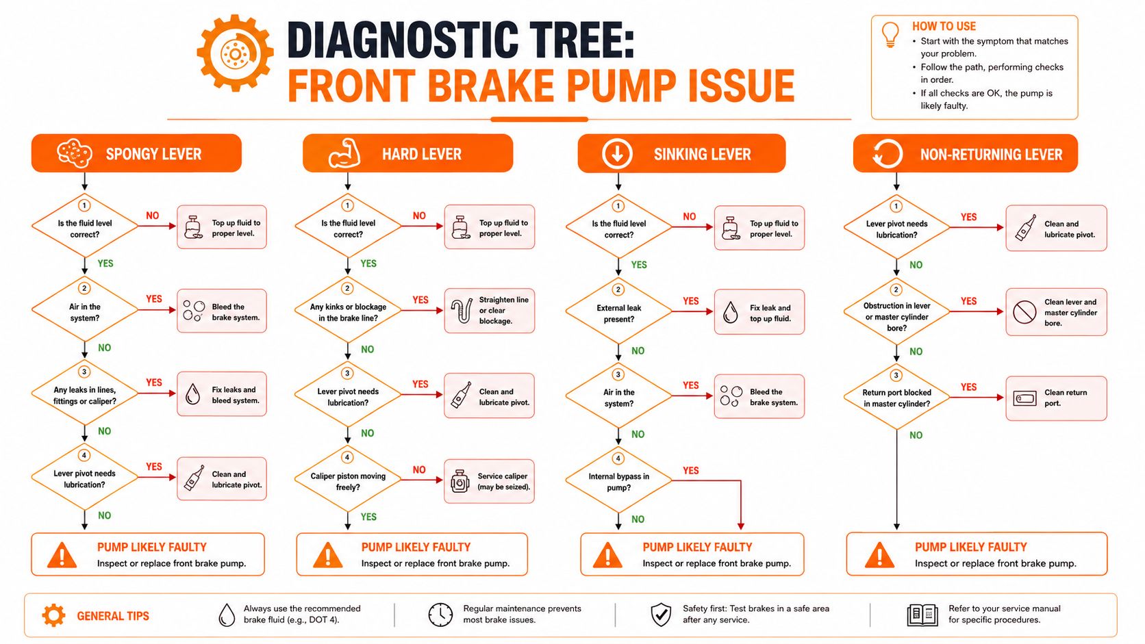 A diagnostic tree flow chart helping troubleshoot common issues with front brake pumps in motorcycles.