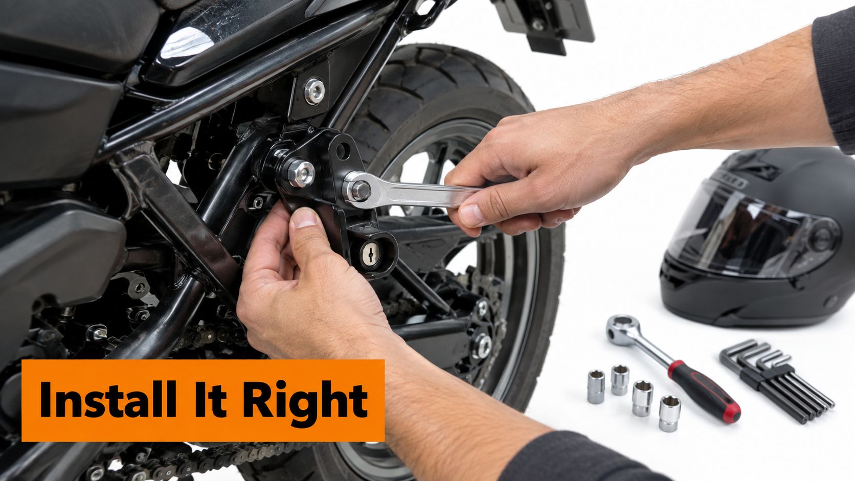 A mechanic installing a black motorcycle helmet lock bracket onto the side frame of a motorcycle.