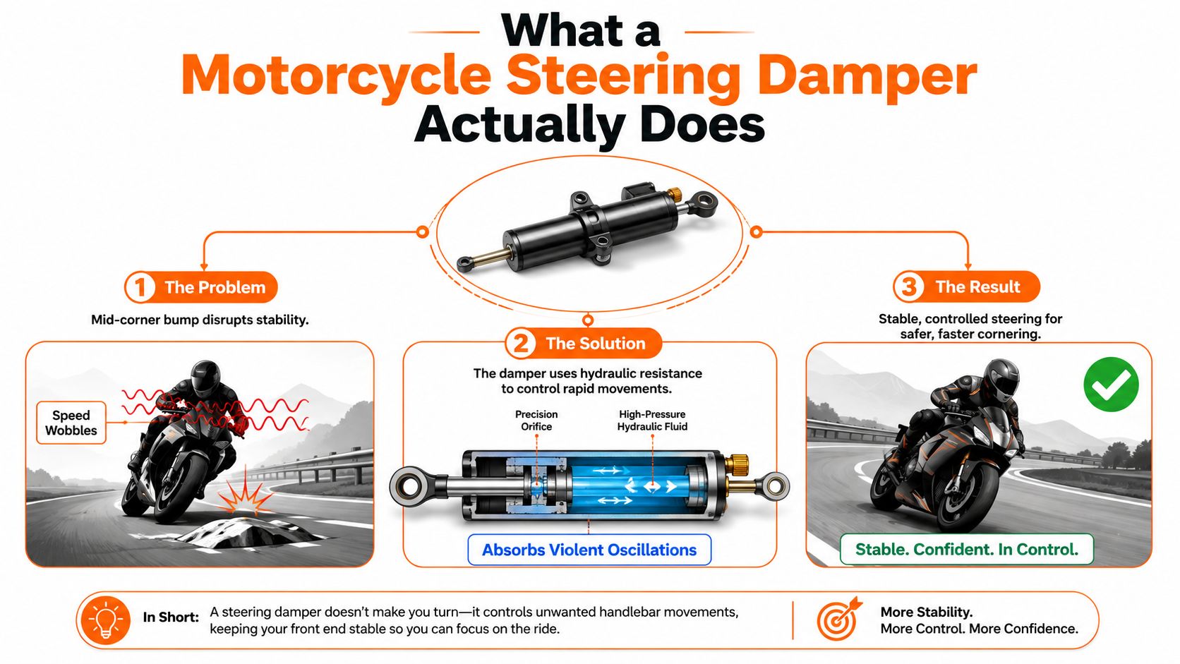 An infographic explaining how a motorcycle steering damper stabilizes handling and prevents speed wobbles during cornering.