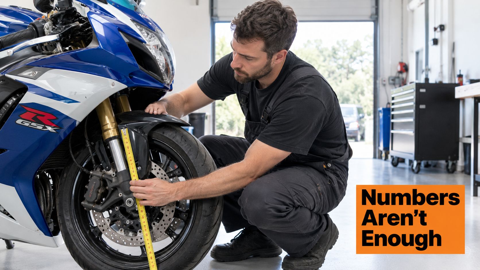 A professional mechanic in a workshop measuring a motorcycle suspension with a yellow tape measure.