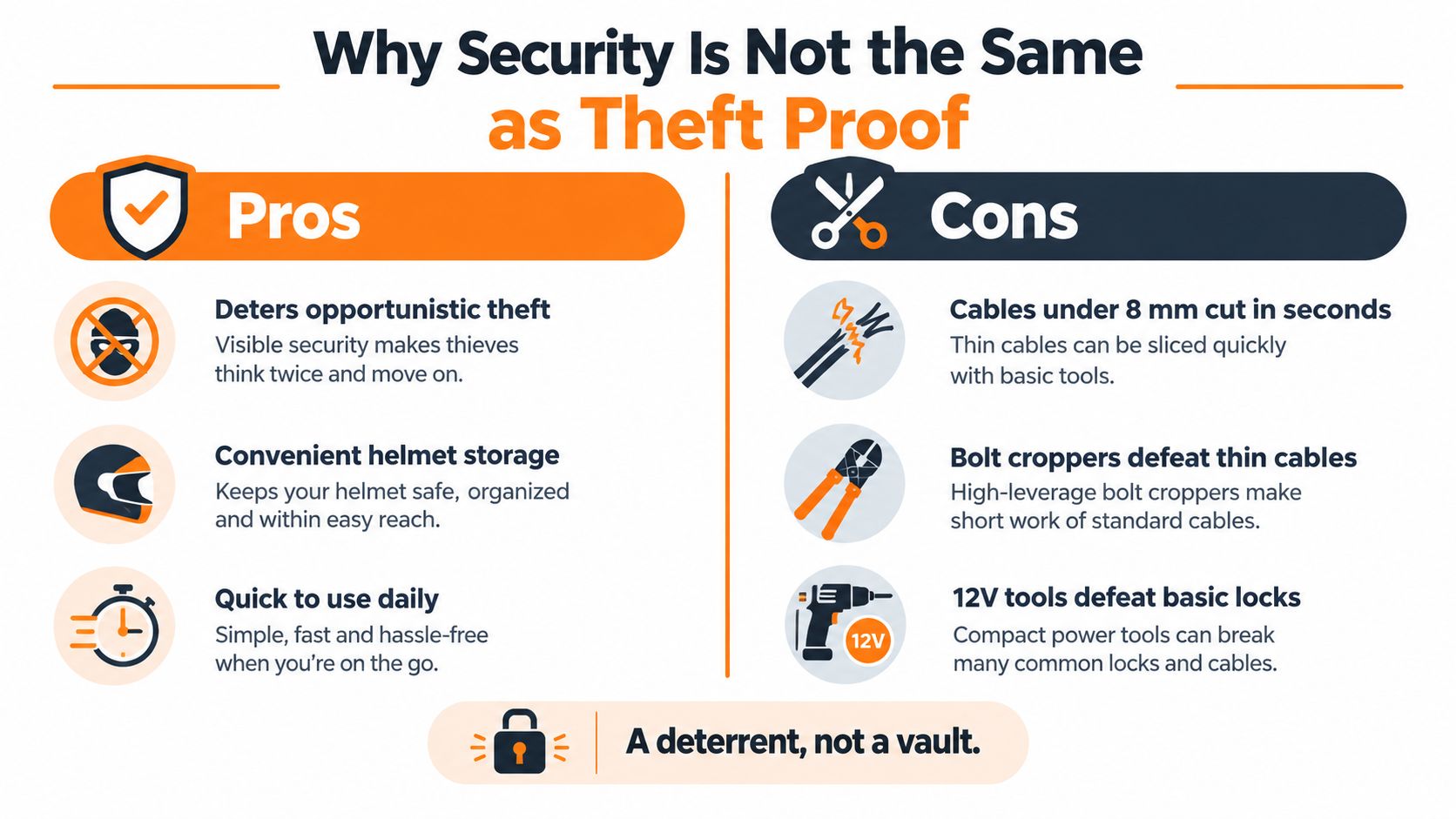 An infographic illustrating the pros and cons of using security cables for motorcycle gear and helmet protection.