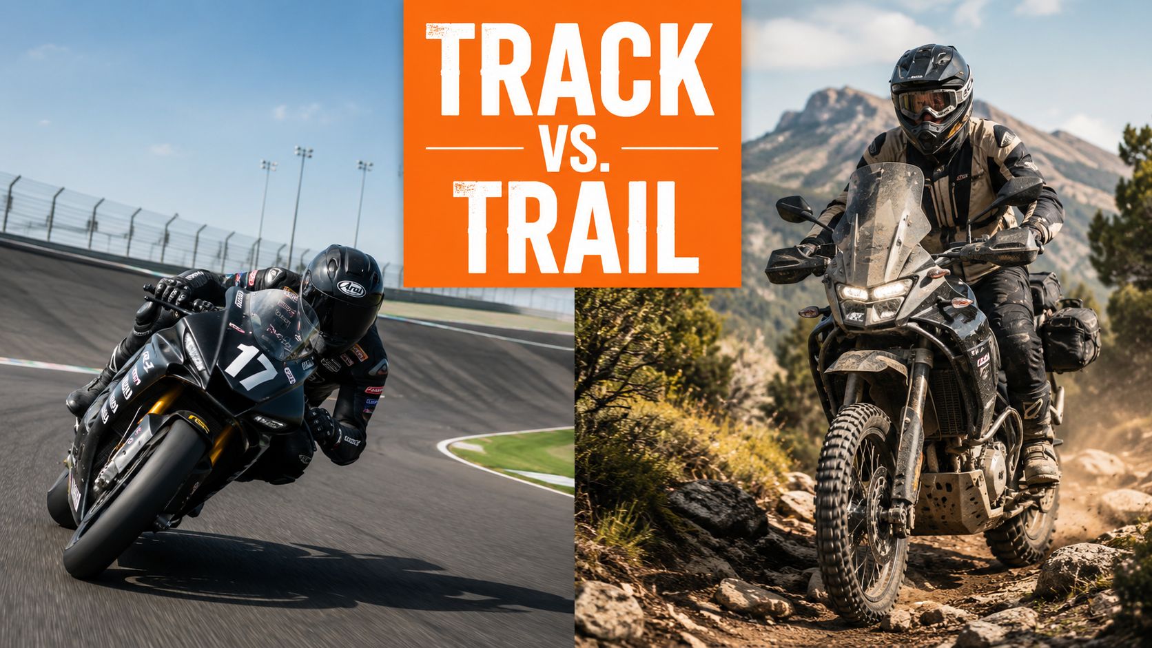 A split-screen comparison showing a motorcycle racing on a track versus a dual-sport bike off-road.