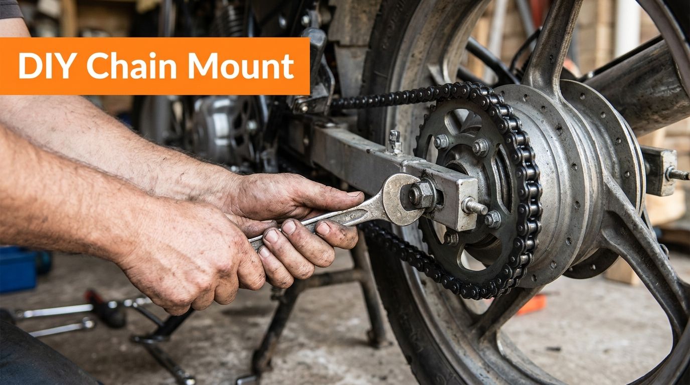 A mechanic uses a wrench to adjust or mount a motorcycle chain on the rear wheel sprocket.