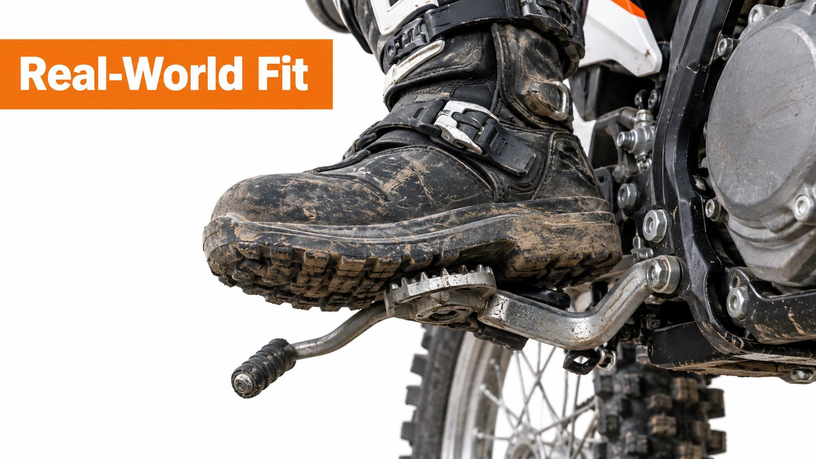 A close-up view of a muddy motorcycle boot resting on a metal footpeg of an enduro bike.