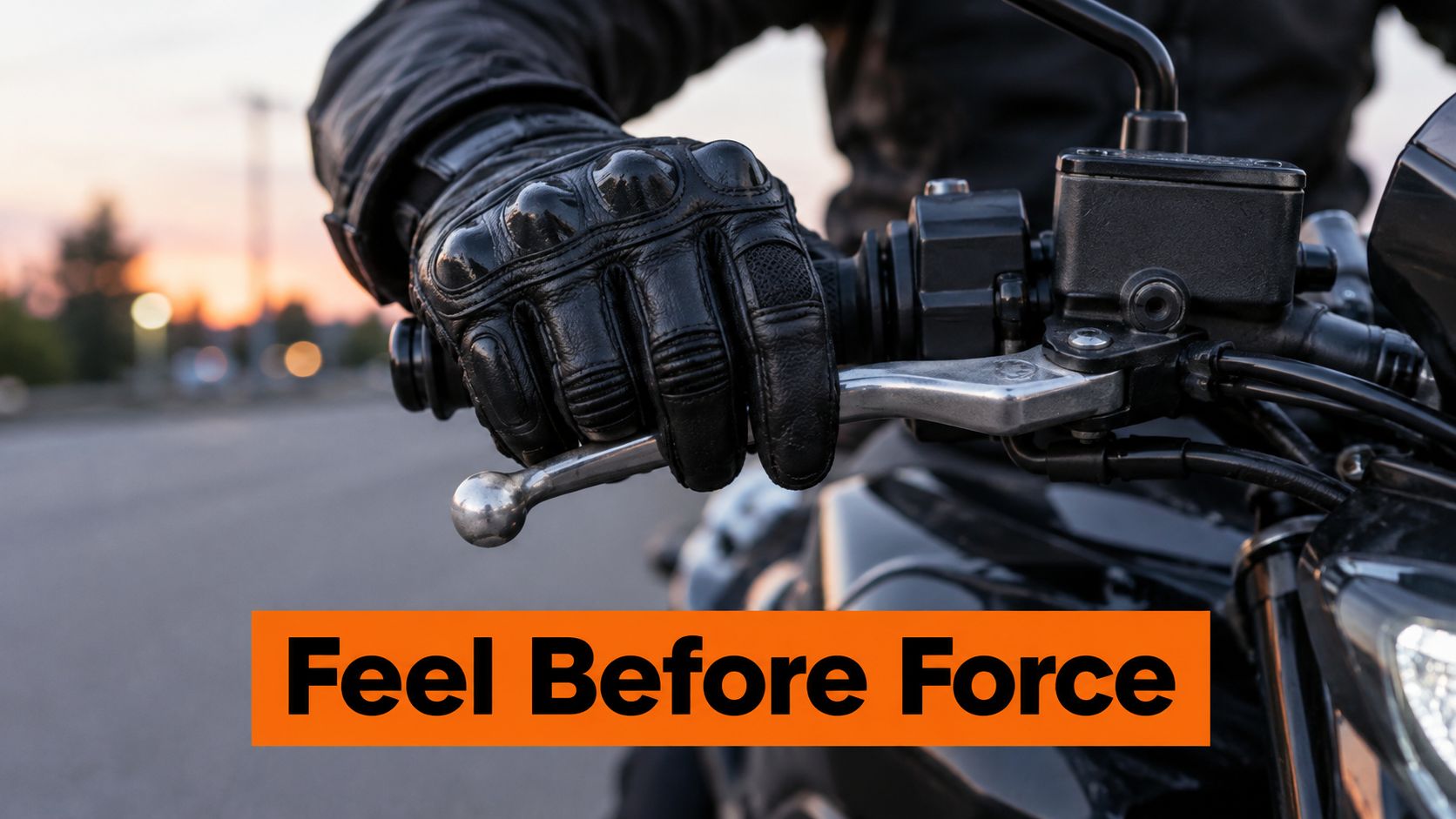 A close-up of a motorcyclist's gloved hand gently engaging the brake lever on a motorcycle handlebar.
