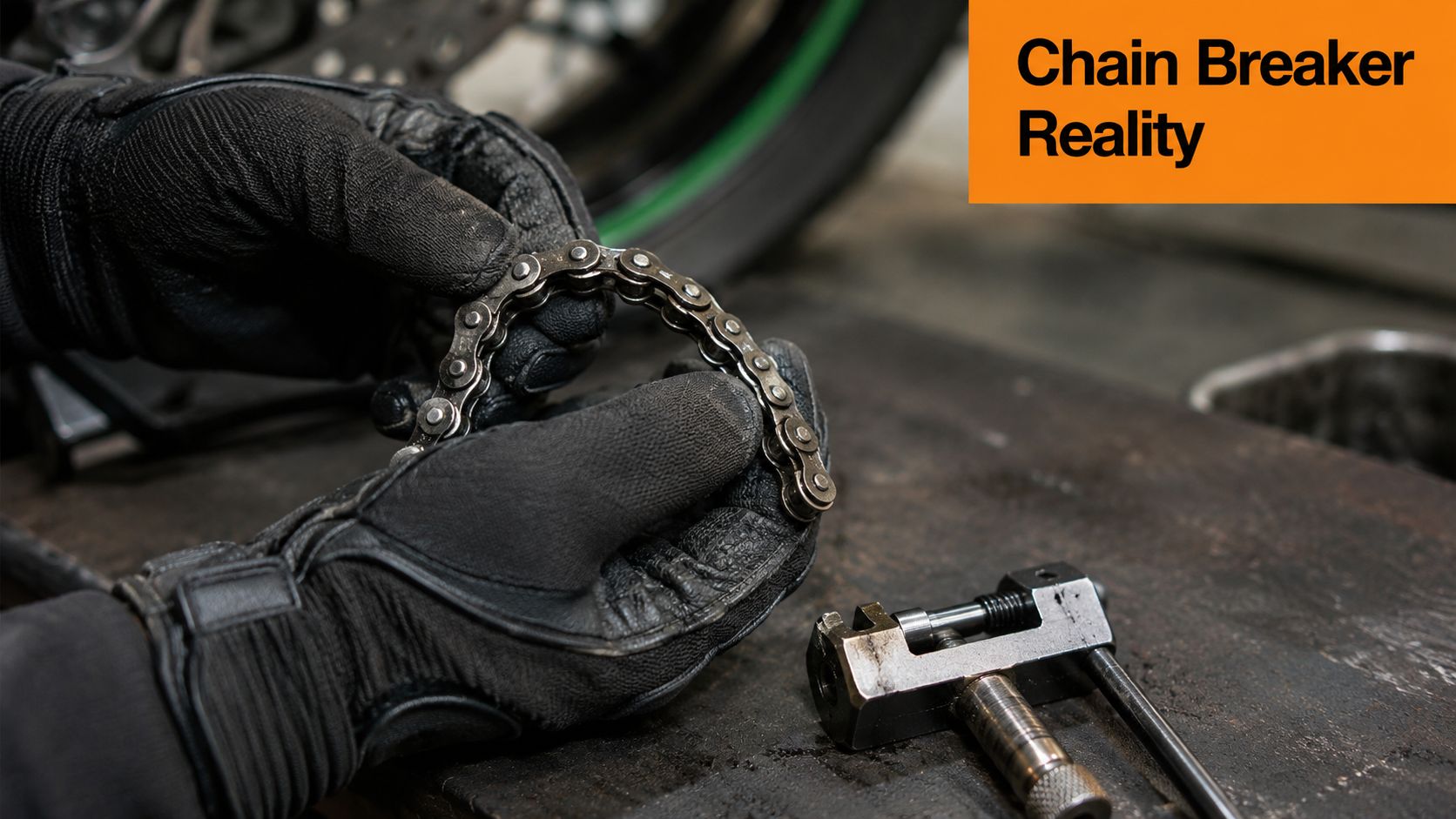A pair of gloved hands holding a small segment of a motorcycle chain next to a chain breaker tool.