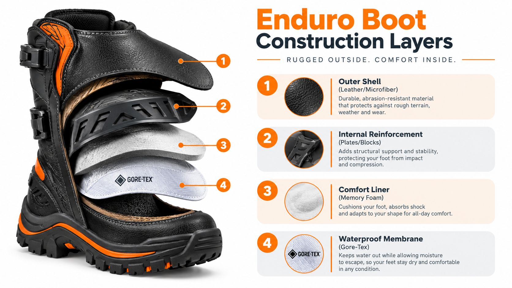 A diagram of an Enduro motorcycle boot showing its four construction layers, including materials like leather and Gore-Tex.