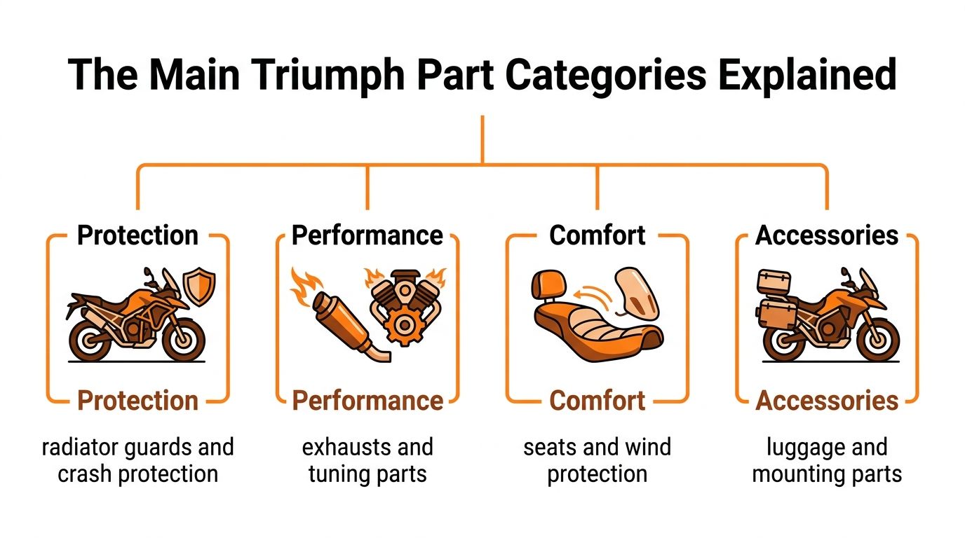 Un diagramma che illustra le quattro categorie principali di ricambi per motociclette Triumph: protezione, prestazioni, comfort e accessori.