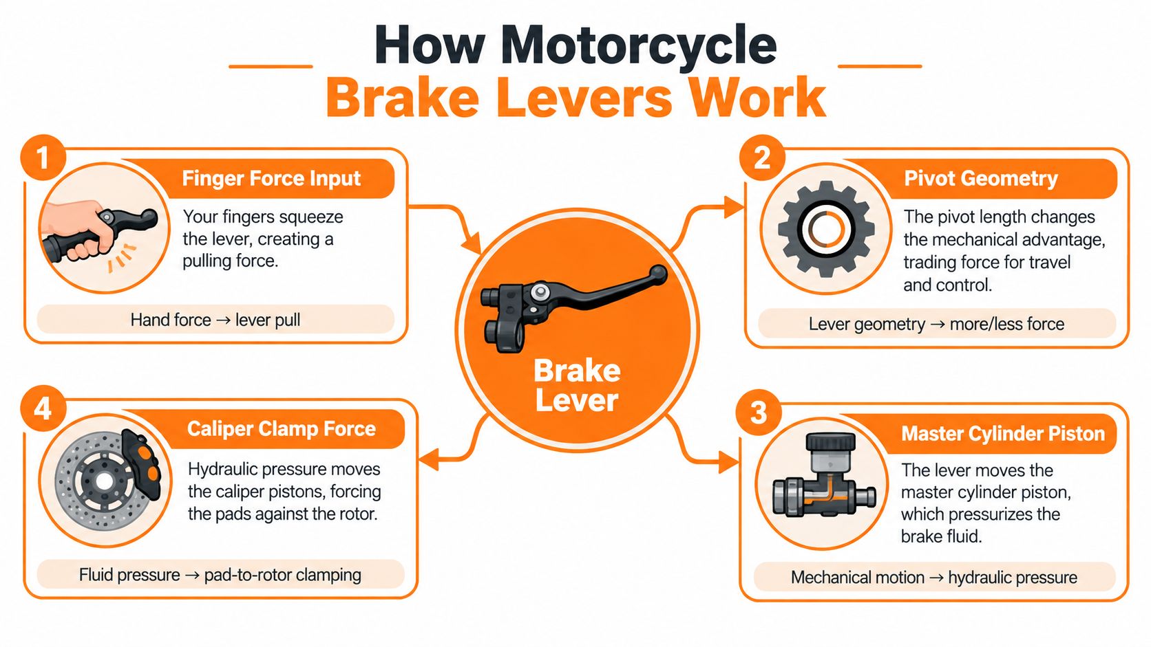 A diagram illustrating the four steps of how a motorcycle brake lever operates and creates stopping power.