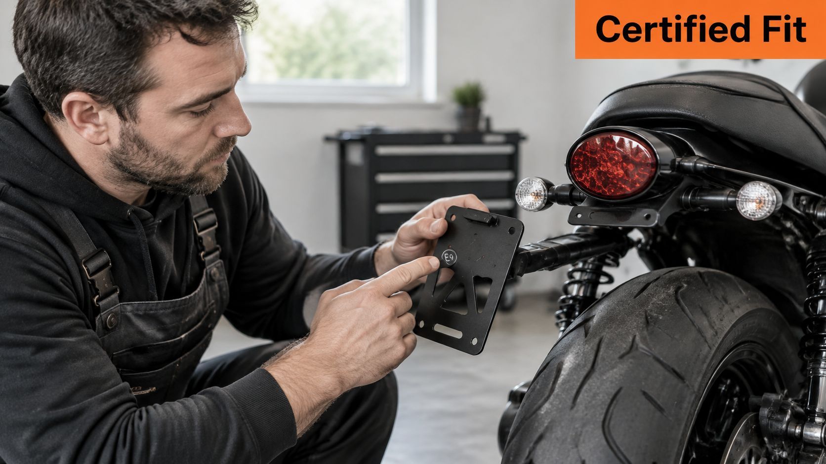 Un mecánico inspecciona un soporte de matrícula lateral certificado para motocicleta mientras está arrodillado junto a una moto.
