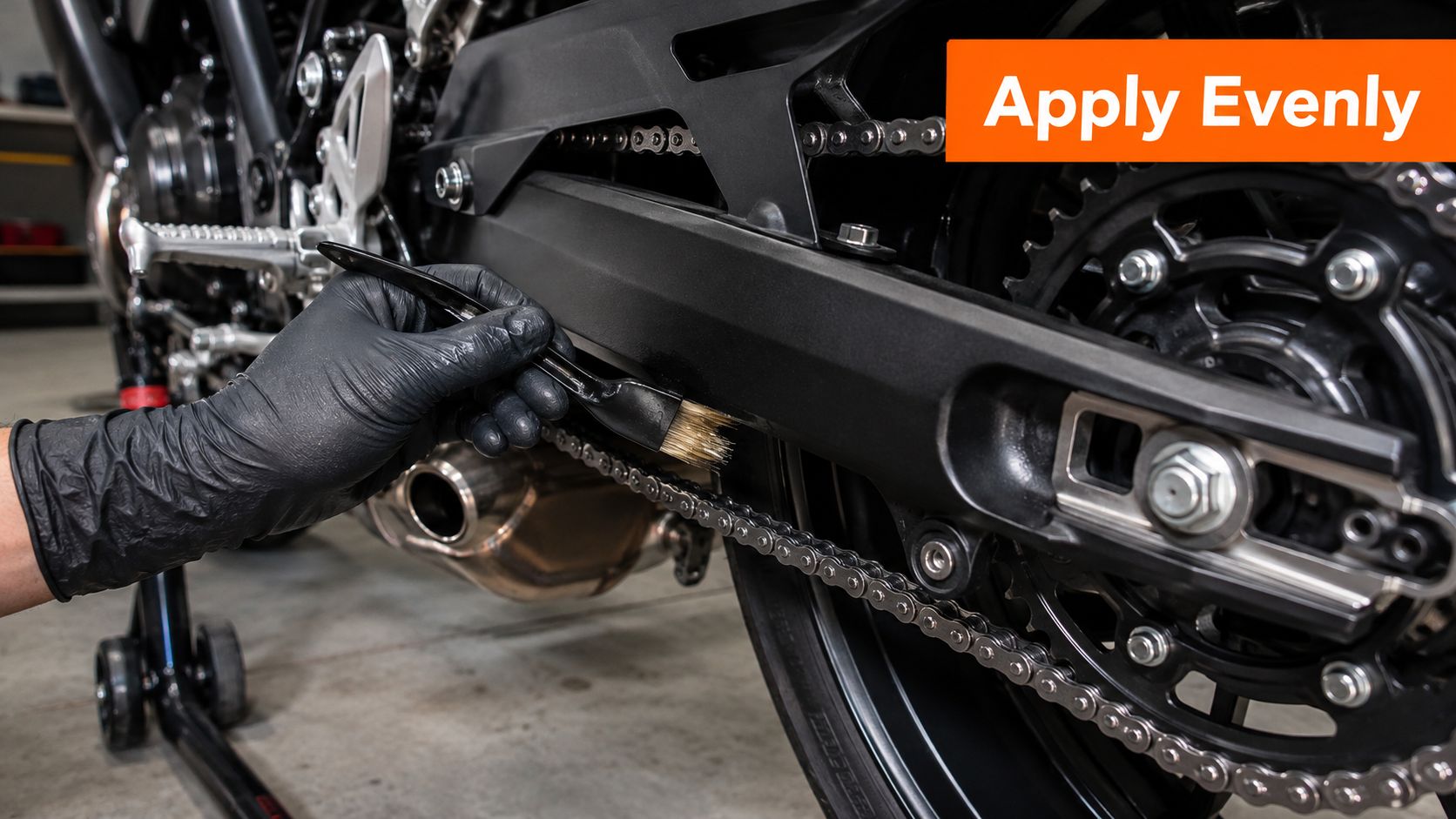 A gloved hand uses a brush to carefully apply lubricant to a clean motorcycle drive chain.