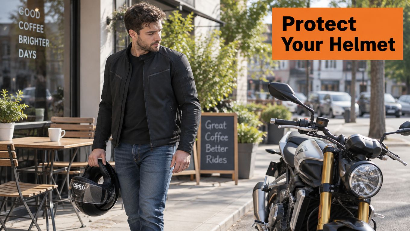 A man in a black jacket walking past a cafe holding his Shoei motorcycle helmet near a bike.