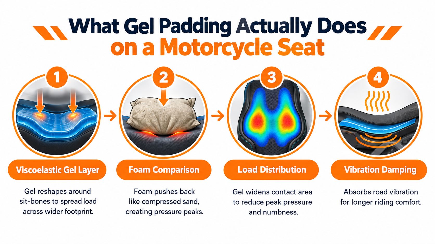 An infographic illustrating how motorcycle seat gel padding provides comfort through load distribution and vibration damping.