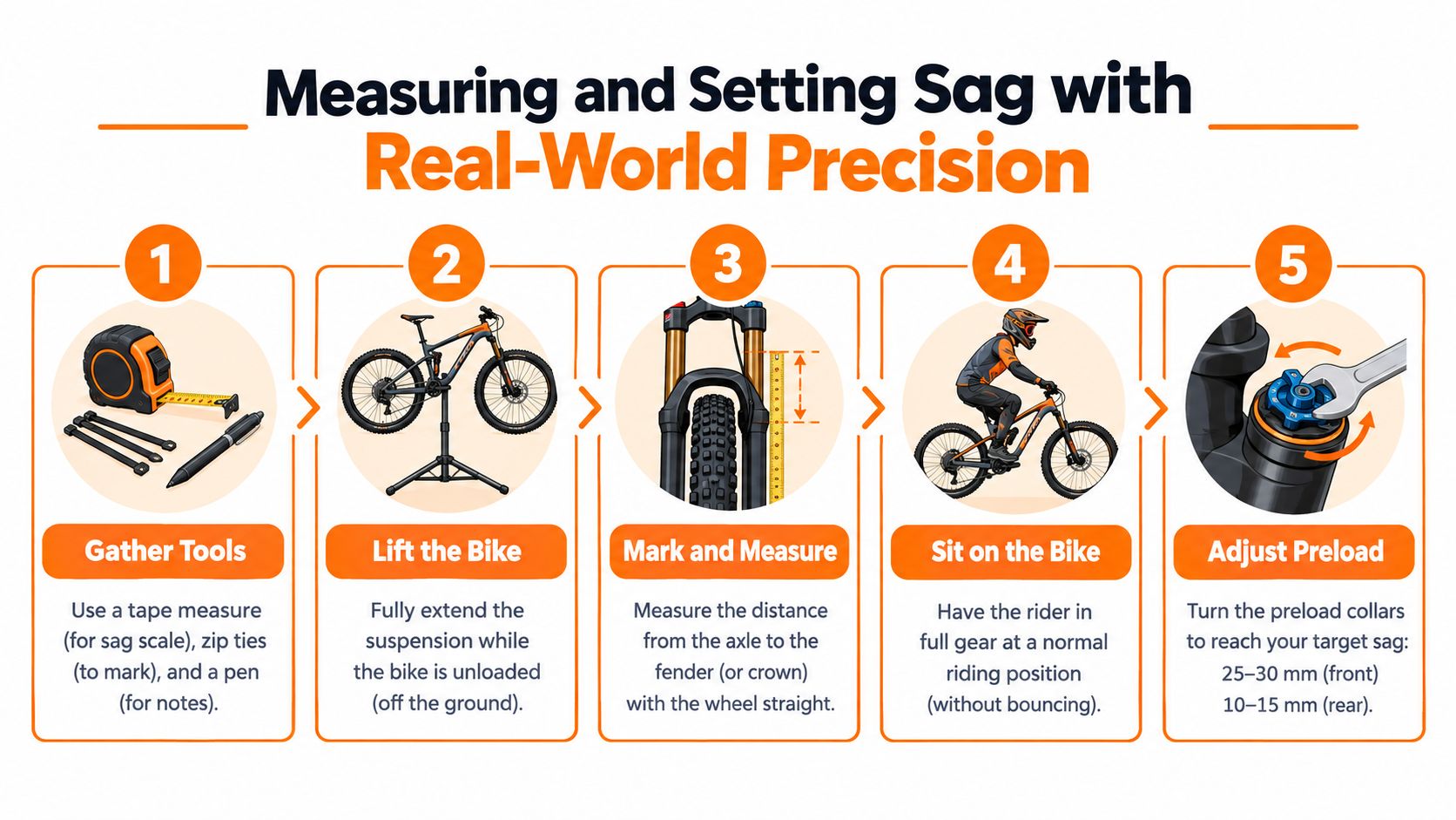 A five-step infographic showing how to measure and adjust mountain bike suspension sag with precision.