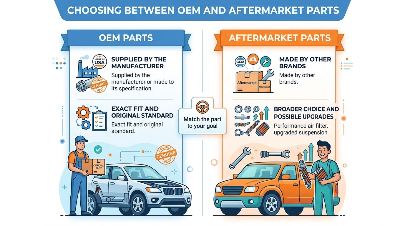 Un'infografica che confronta i ricambi originali (OEM) e quelli aftermarket per veicoli, evidenziando vantaggi come la precisione di montaggio e il miglioramento delle prestazioni.