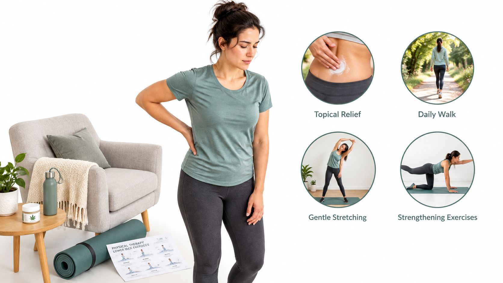 A woman experiencing lower back pain with visual examples of relief methods like topical cream and exercise.