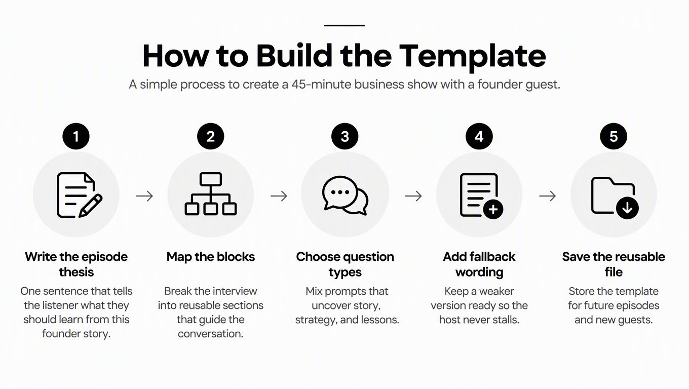 A five-step infographic showing the process to build a professional business podcast interview template for founders.
