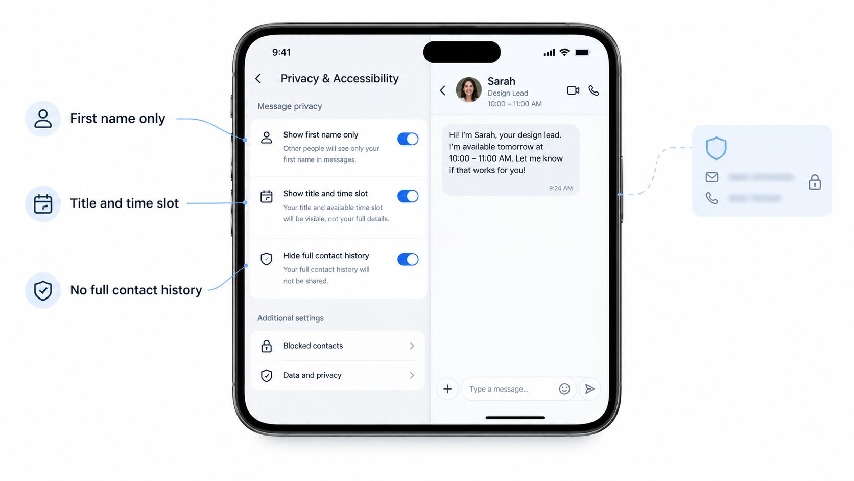 A smartphone screen displaying privacy and accessibility settings for in-app messaging with toggle switches and contact protection features.