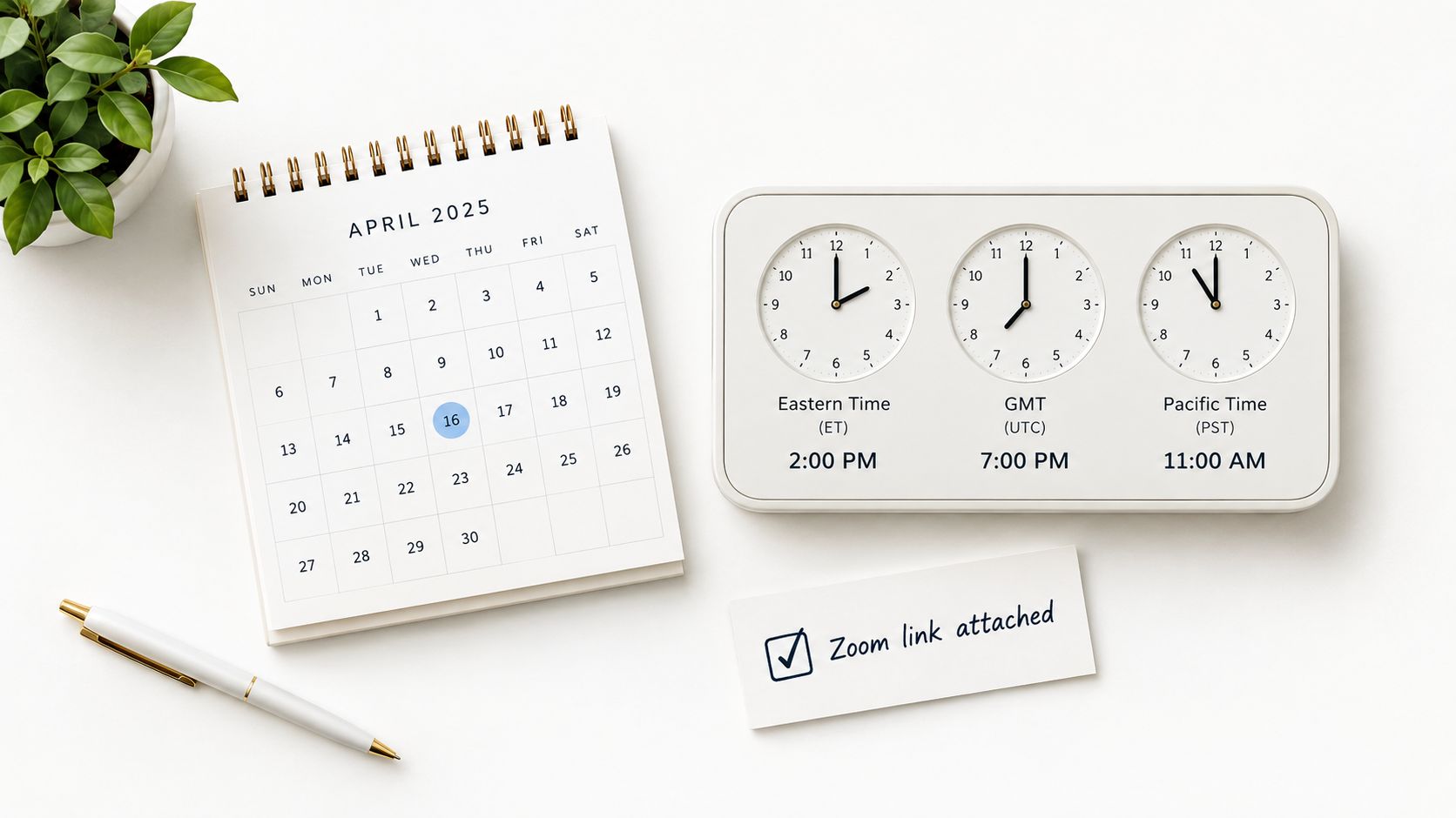 A desk with an April 2025 calendar marked on the 16th, clocks showing different time zones, and a note.