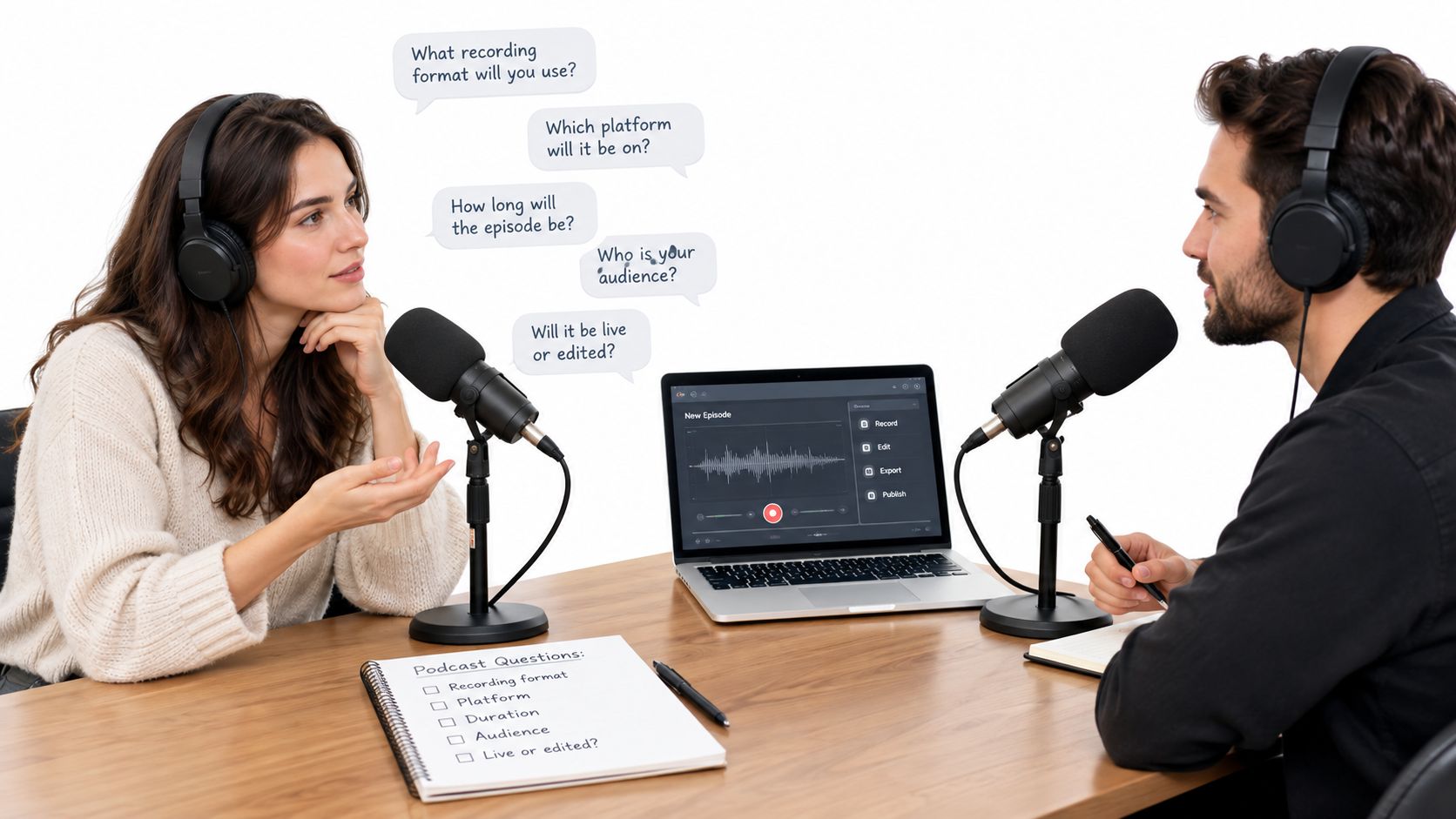 A man and woman recording a podcast together at a wooden table with microphones and a laptop.