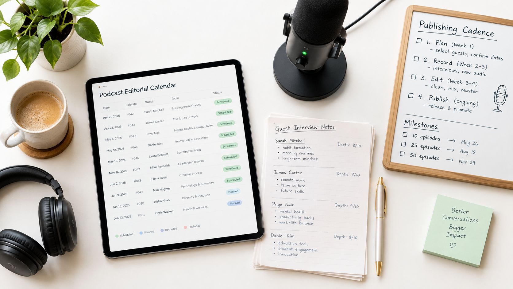 A top-down view of a desk featuring a tablet with a podcast schedule, microphone, notes, and headphones.