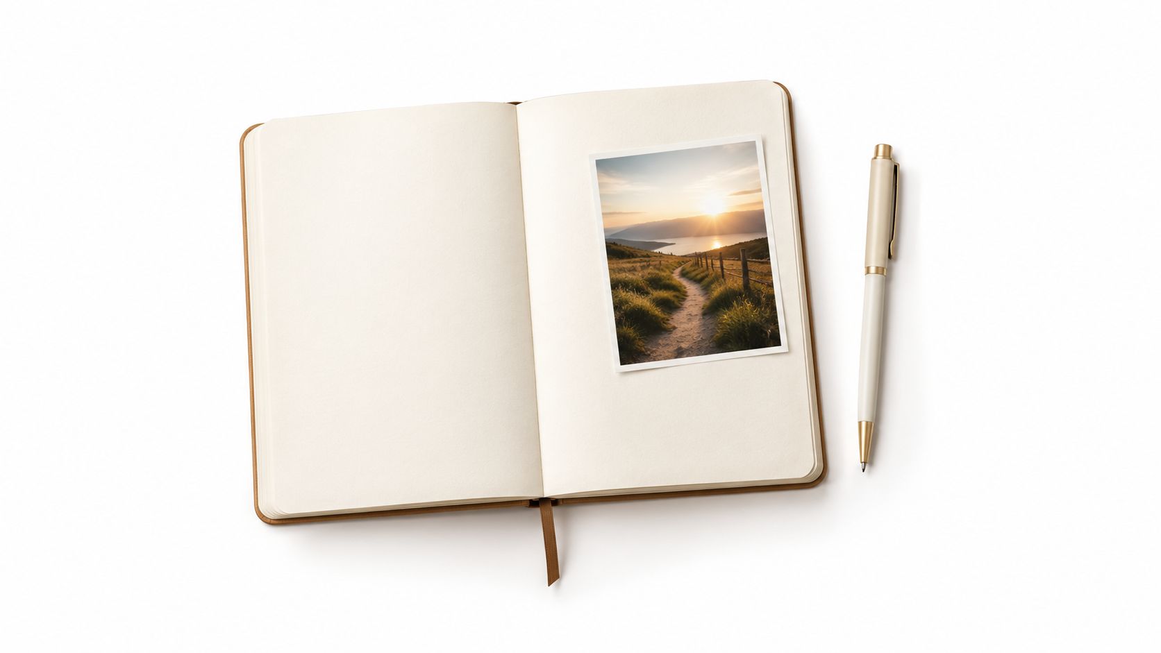 An open notebook with a landscape photo inside and a sleek pen on a white surface.