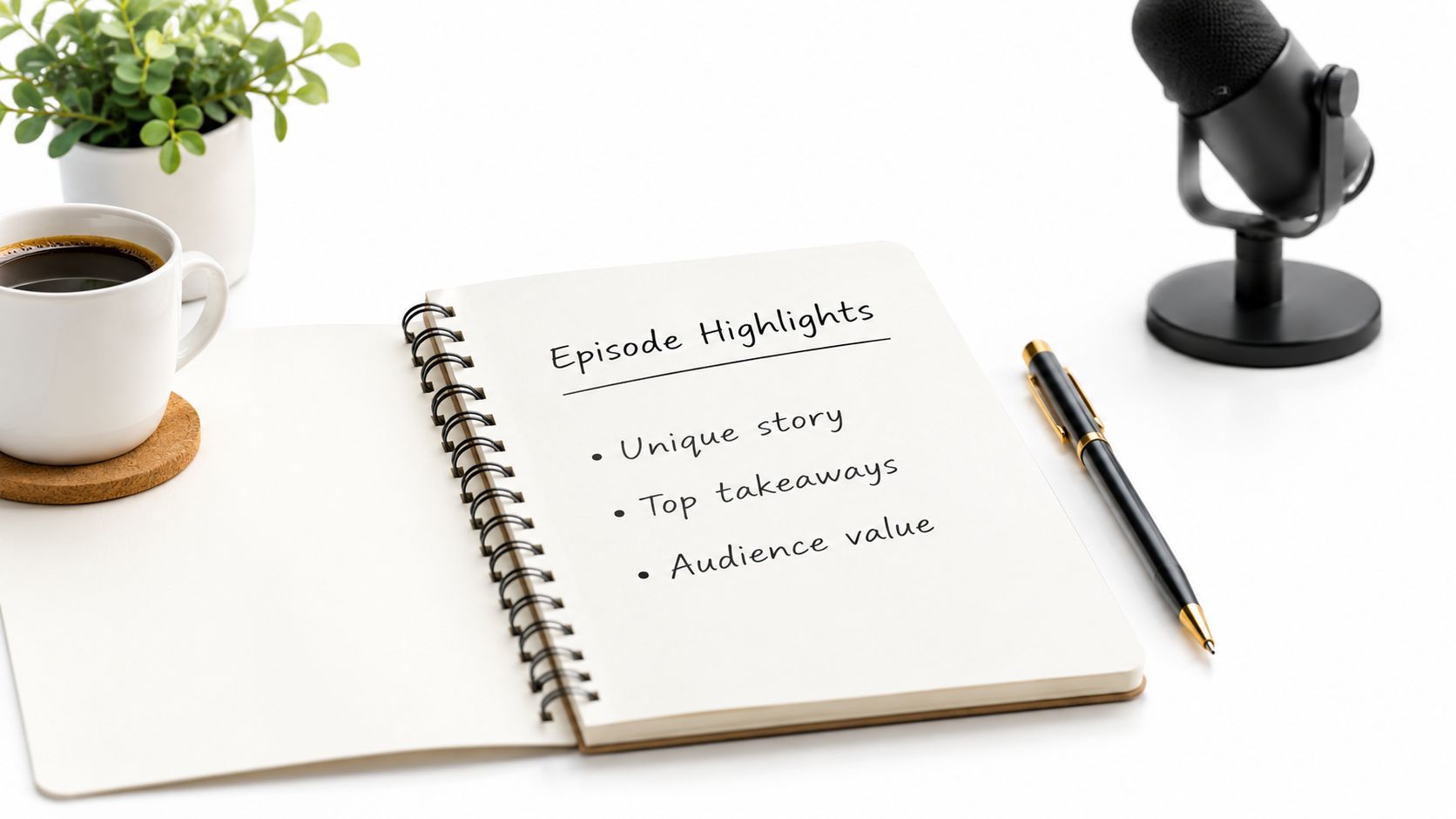 A notepad on a white desk with Episode Highlights written next to a microphone and coffee cup.