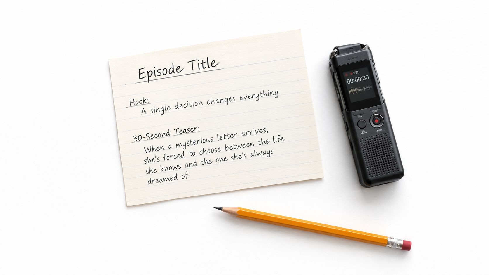 A notepad with podcast episode details, a digital voice recorder, and a yellow pencil on a white background.
