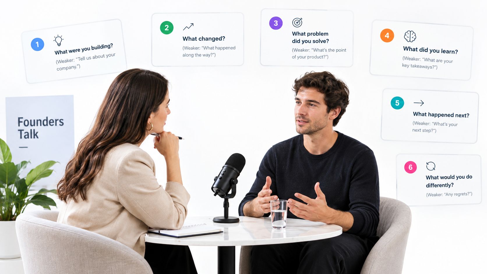 A professional interviewer talking to a guest for a podcast with overlay text of interview questions.