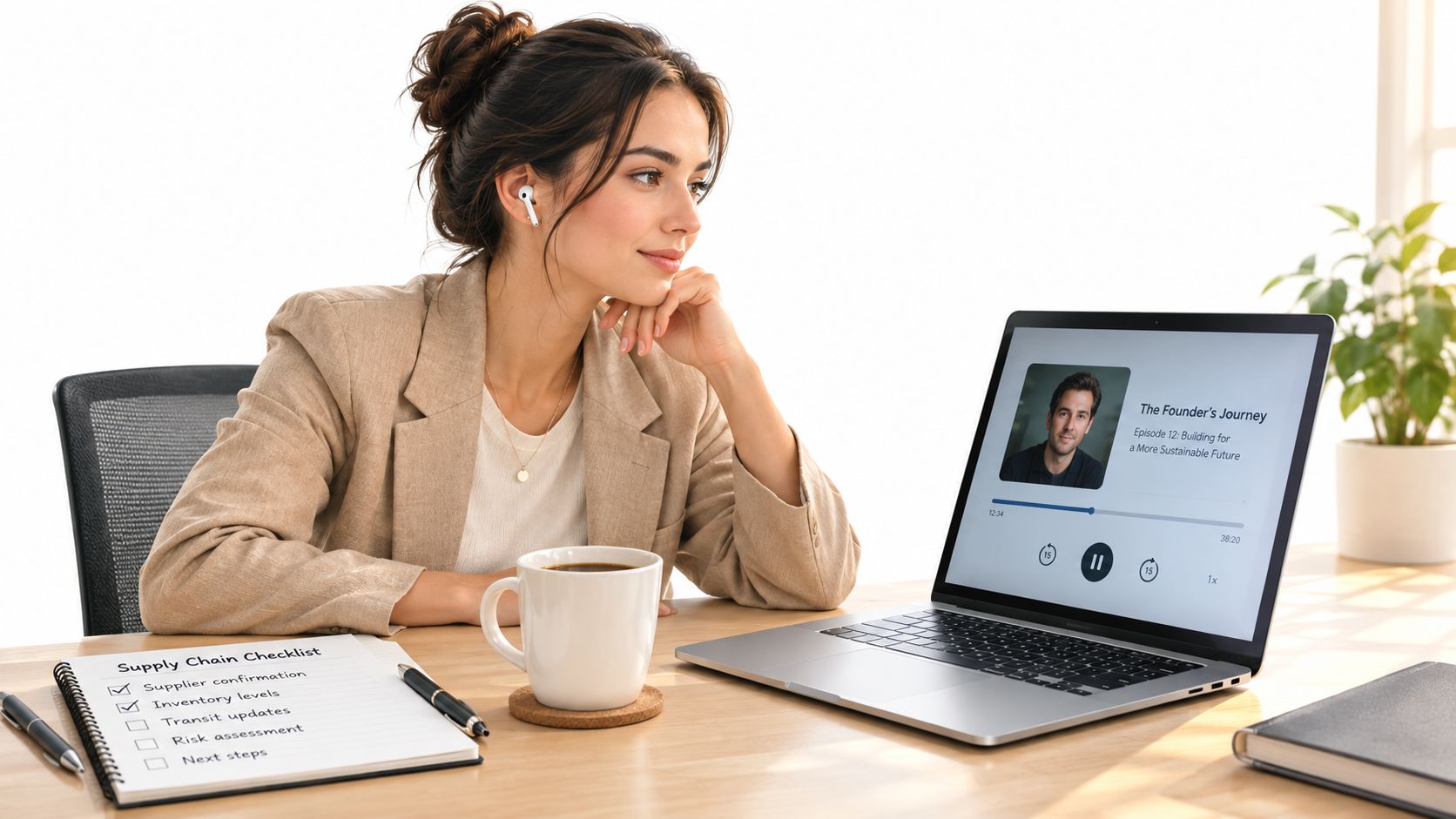 A professional woman wearing wireless earbuds listens to a business podcast while taking notes at her desk.